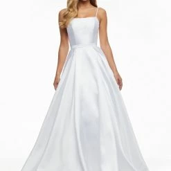 Ashleylauren Ashley Lauren 11095 White Prom Dress Straight Neckline A Line Mikado Satin