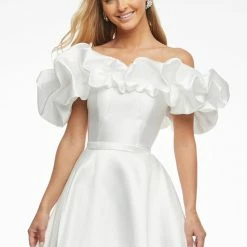 Ashleylauren Ashley Lauren 11096 Navy Prom Dress Off The Shoulder Ruffle Neckline A Line Train