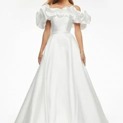 Ashleylauren Ashley Lauren 11096 Navy Prom Dress Off The Shoulder Ruffle Neckline A Line Train