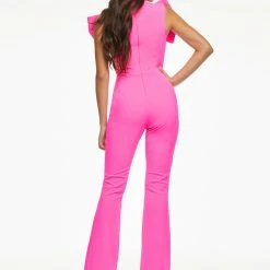 Ashleylauren Ashley Lauren 11098 Jumpsuit Large Bow Neckline Scuba Flared Legs