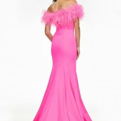 In Stock Ashley Lauren 11099 Size 4 Hot Pink Prom Dress Off The Shoulder Feathers Train Left Leg Slit