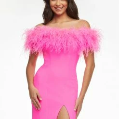 In Stock Ashley Lauren 11099 Size 4 Hot Pink Prom Dress Off The Shoulder Feathers Train Left Leg Slit