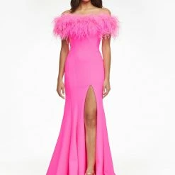 In Stock Ashley Lauren 11099 Size 4 Hot Pink Prom Dress Off The Shoulder Feathers Train Left Leg Slit