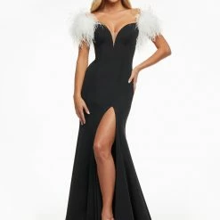 Ashleylauren Ashley Lauren 11101 Prom Dress V Neckline Feather Off The Shoulder Wrap