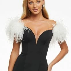 Ashleylauren Ashley Lauren 11101 Prom Dress V Neckline Feather Off The Shoulder Wrap