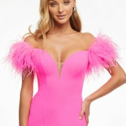 Ashleylauren Ashley Lauren 11101 Prom Dress V Neckline Feather Off The Shoulder Wrap