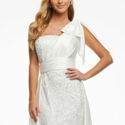 Ashleylauren Ashley Lauren 11104 Ivory Overskirt One Shoulder Bow Satin Long Overskirt
