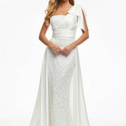 Ashleylauren Ashley Lauren 11104 Ivory Overskirt One Shoulder Bow Satin Long Overskirt