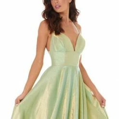 In Stock Ashley Lauren 1937 Lime/Gold Prom Dress Sz 12, 14 Metallic Shimmer V Neckline