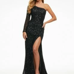 Ashleylauren Ashley Lauren 1977 Prom Dress One Sleeve Fully Beaded Long Pageant Dress With High Side Slit