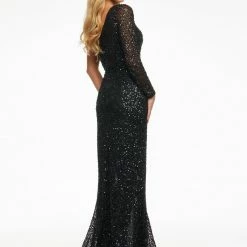 Ashleylauren Ashley Lauren 1977 Prom Dress One Sleeve Fully Beaded Long Pageant Dress With High Side Slit Sequin Dresses