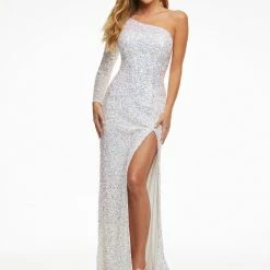 Ashleylauren Ashley Lauren 1977 Prom Dress One Sleeve Fully Beaded Long Pageant Dress With High Side Slit Sequin Dresses