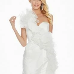 Ashleylauren Ashley Lauren 4170 Ivory Cocktail Dress Extravagant Organza Ruffle Boa Fitted