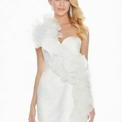 Ashleylauren Ashley Lauren 4170 Ivory Cocktail Dress Extravagant Organza Ruffle Boa Fitted