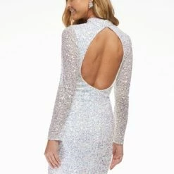In Stock Ashley Lauren 4252 Size 2, 12 Jade Cocktail Dress Long Sleeve Short Sequin Fitted Homecoming Dress Backless Dresses