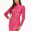 Ashleylauren Ashley Lauren 4252 Bright Pink Cocktail Dress Long Sleeve Short Sequin Fitted Homecoming Dress