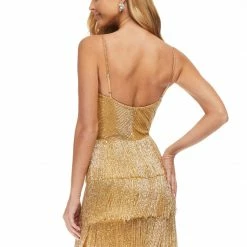 Ashleylauren Ashley Lauren 4419 Gold Cocktail Dress Fringe Skirt Beaded Plunging V Neckline 16 Ashleylauren Ashley Lauren 4419 Gold Cocktail Dress Fringe Skirt Beaded Plunging V Neckline