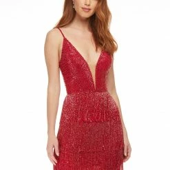 Ashleylauren Ashley Lauren 4419 Cocktail Dress Beaded Fringe Skirt Plunging V Neckline