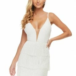 Ashleylauren Ashley Lauren 4419 Cocktail Dress Beaded Fringe Skirt Plunging V Neckline