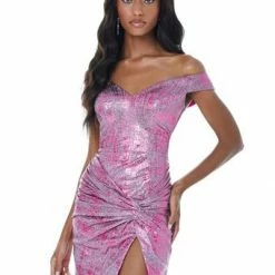 Ashleylauren Ashley Lauren 4428 Cocktail Dress Off Shoulder Twist Knot Short Homecoming Dress Metallic Dresses