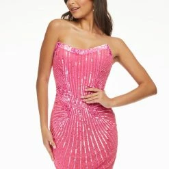 Ashleylauren Ashley Lauren 4435 Ultra Pink Cocktail Dress Sequins Built In Corset Strapless Sequin Dresses
