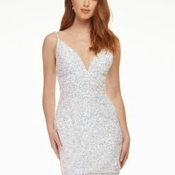 Ashleylauren Ashley Lauren 4436 Ultra Pink Cocktail Dress V Neckline Wide Waistband Sequins Short Dress