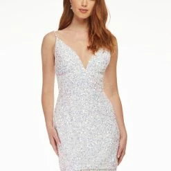In Stock Ashley Lauren 4436 Size 0,10, 16 Ultra Pink Cocktail Dress V Neckline Wide Waistband Sequins Short Dress Backless Dresses