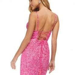 Ashleylauren Ashley Lauren 4436 Ultra Pink Cocktail Dress V Neckline Wide Waistband Sequins Short Dress