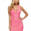 Ashleylauren Ashley Lauren 4437 Hot Pink Cocktail Dress Plunging V Neckline Halter Backless Sequins