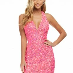 Ashleylauren Ashley Lauren 4437 Mint Cocktail Dress Plunging V Neckline Halter Backless Sequins Backless Dresses