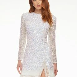 Ashleylauren Ashley Lauren 4438 Cocktail Dress Long Sleeves Fringe Trim On Hem And Slit