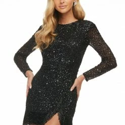 Ashleylauren Ashley Lauren 4438 Cocktail Dress Long Sleeves Fringe Trim On Hem And Slit