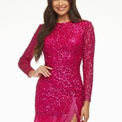 In Stock Fringe & Tassels Ashley Lauren 4438 Fuchsia Size 2, 10 Cocktail Dress Long Sleeves Fringe Trim On Hem And Slit