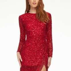 Ashleylauren Ashley Lauren 4438 Cocktail Dress Long Sleeves Fringe Trim On Hem And Slit
