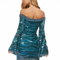 Ashleylauren Ashley Lauren 4440 Blue Cocktail Dress Eyelash Fringe Trim Bell Sleeves Sequin Dresses 12 Ashleylauren Ashley Lauren 4440 Blue Cocktail Dress Eyelash Fringe Trim Bell Sleeves Sequin Dresses