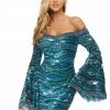 Ashleylauren Ashley Lauren 4440 Blue Cocktail Dress Eyelash Fringe Trim Bell Sleeves Sequin Dresses
