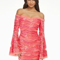 Ashleylauren Ashley Lauren 4440 Hot Pink Cocktail Dress Eyelash Fringe Trim Bell Sleeves