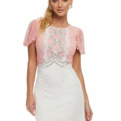 Ashleylauren Ashley Lauren 4441 Pink Ivory Cocktail Dress Puff Sleeves Crystal Bow Details Fitted Beaded