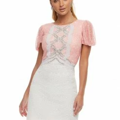 Ashleylauren Ashley Lauren 4441 Pink Ivory Cocktail Dress Puff Sleeves Crystal Bow Details Fitted Beaded