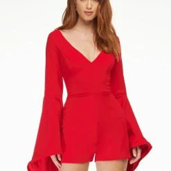 Ashleylauren Ashley Lauren 4442 Turquoise Romper Scuba Long Bell Sleeves V Neckline Pockets Long Sleeve Dresses