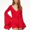 Ashleylauren Ashley Lauren 4442 Red Romper Scuba Long Bell Sleeves V Neckline Pockets