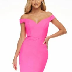 In Stock Ashley Lauren 4444 Hot Pink Size 12 Cocktail Dress Scuba Off The Shoulder Homecoming Dress