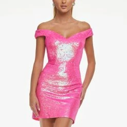 Ashleylauren Ashley Lauren 4445 Neon Pink Cocktail Dress Off The Shoulder Petite Sequins