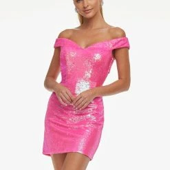 Ashleylauren Ashley Lauren 4445 Neon Pink Cocktail Dress Off The Shoulder Petite Sequins