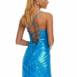 Ashleylauren Ashley Lauren 4446 Neon Blue Cocktail Dress Scoop Neckline Lace Up Back Fitted Backless Dresses
