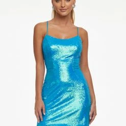 In Stock Ashley Lauren 4446 Neon Blue Cocktail Dress Scoop Neckline Lace Up Back Fitted Size 4
