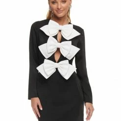 Ashleylauren Ashley Lauren 4449 Black/White Cocktail Dress Long Sleeve Crepe Bow Details Fitted Long Sleeve Dresses