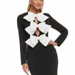 Ashleylauren Ashley Lauren 4449 Pink Cocktail Dress Long Sleeve Crepe Bow Details Fitted Long Sleeve Dresses