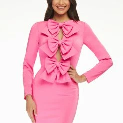 Ashleylauren Ashley Lauren 4449 Black/White Cocktail Dress Long Sleeve Crepe Bow Details Fitted Long Sleeve Dresses