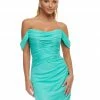 Ashleylauren Ashley Lauren 4450 Aqua Cocktail Dress Shimmer Chiffon Ruched Off The Shoulder Fitted